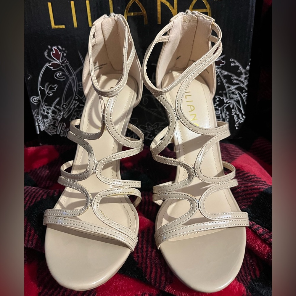 Liliana Beige Strappy Stiletto Heels in Sz 7